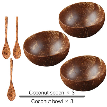 Natural Coconut Bowl Set - Handmade Eco-Friendly Vegan Bowls with Coco Wood Spoon Set for Kitchen Tableware and Home Storage.