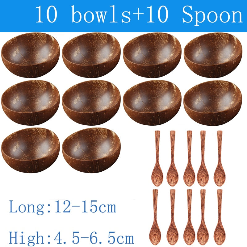 Natural Coconut Bowl and Spoon Set - 12-15cm Wooden Design Tableware for Home Kitchen, Dining, Salad, Rice, and Soup