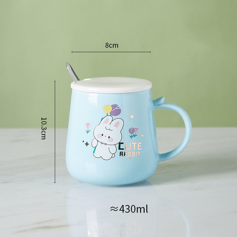 Ceramic Cartoon Mug with Lid and Spoon - 440ml Capacity for Coffee, Milk, or Tea - Ideal Breakfast Cup and Drinkware