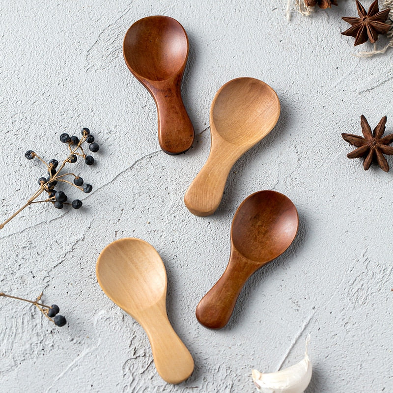 Balmy Days Set of 4 Mini Wooden Spoons - Small Spice, Sugar, Tea, and Coffee Scoops with Short Handles - Natural Wood Kitchen Gadgets for Kids and Adult