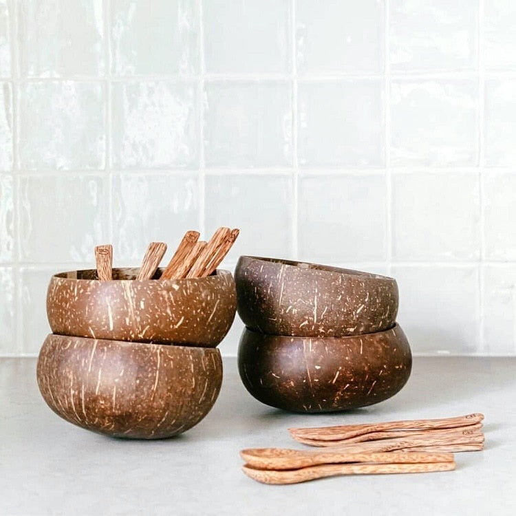 Natural Coconut Bowl Set - Handmade Eco-Friendly Vegan Bowls with Coco Wood Spoon Set for Kitchen Tableware and Home Storage.