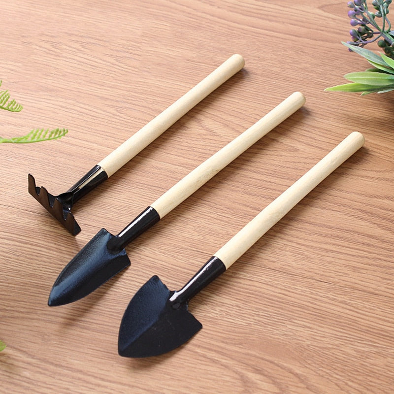 Mini Wooden-Handled Gardening Tool Set - 3 Pieces