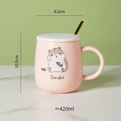 Ceramic Cartoon Mug with Lid and Spoon - 440ml Capacity for Coffee, Milk, or Tea - Ideal Breakfast Cup and Drinkware