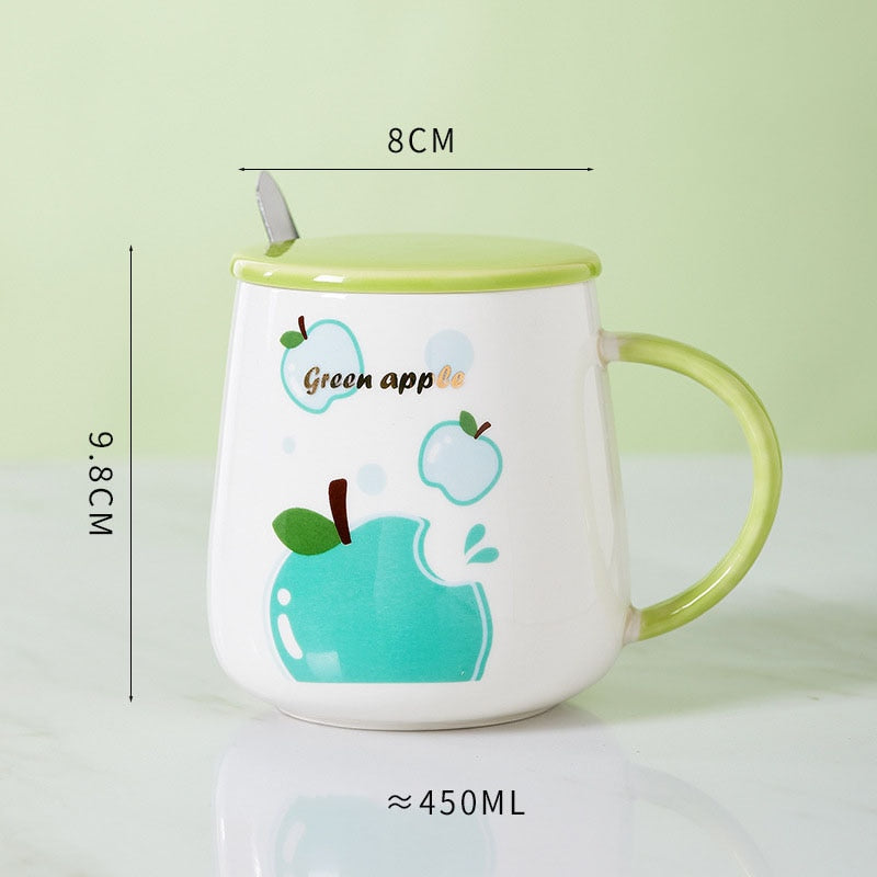 Ceramic Cartoon Mug with Lid and Spoon - 440ml Capacity for Coffee, Milk, or Tea - Ideal Breakfast Cup and Drinkware