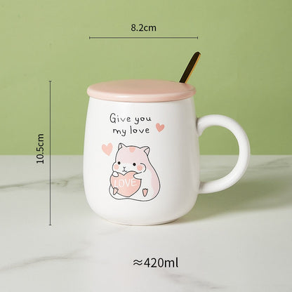 Ceramic Cartoon Mug with Lid and Spoon - 440ml Capacity for Coffee, Milk, or Tea - Ideal Breakfast Cup and Drinkware