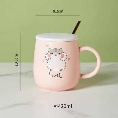 Ceramic Cartoon Mug with Lid and Spoon - 440ml Capacity for Coffee, Milk, or Tea - Ideal Breakfast Cup and Drinkware