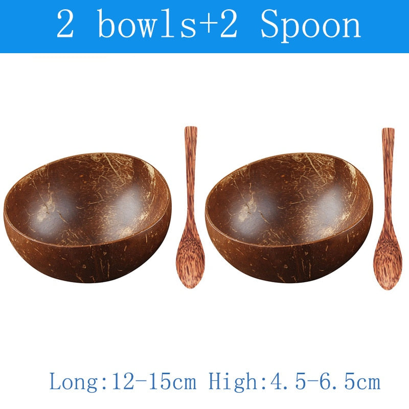 Natural Coconut Bowl and Spoon Set - 12-15cm Wooden Design Tableware for Home Kitchen, Dining, Salad, Rice, and Soup