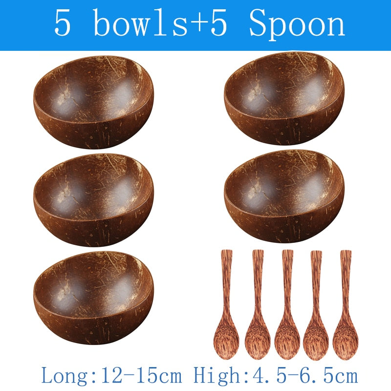 Natural Coconut Bowl and Spoon Set - 12-15cm Wooden Design Tableware for Home Kitchen, Dining, Salad, Rice, and Soup