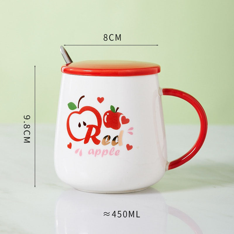 Ceramic Cartoon Mug with Lid and Spoon - 440ml Capacity for Coffee, Milk, or Tea - Ideal Breakfast Cup and Drinkware