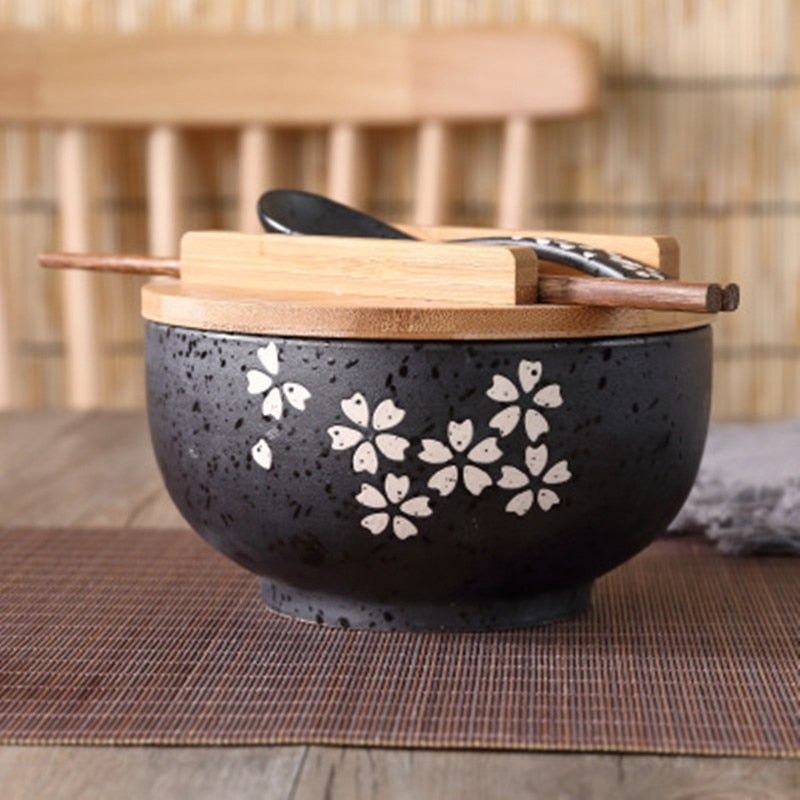 Japanese Instant Noodles Tableware Set with Ceramic Bowl, Wooden Spoon, and Chopsticks