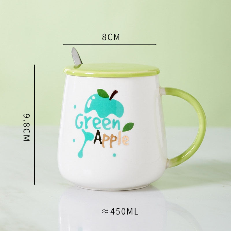 Ceramic Cartoon Mug with Lid and Spoon - 440ml Capacity for Coffee, Milk, or Tea - Ideal Breakfast Cup and Drinkware