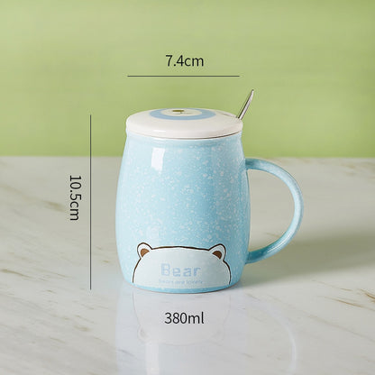 Ceramic Cartoon Mug with Lid and Spoon - 440ml Capacity for Coffee, Milk, or Tea - Ideal Breakfast Cup and Drinkware