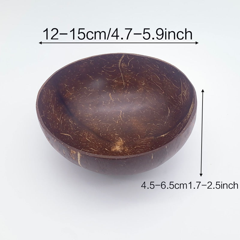 Natural Coconut Bowl and Spoon Set - 12-15cm Wooden Design Tableware for Home Kitchen, Dining, Salad, Rice, and Soup