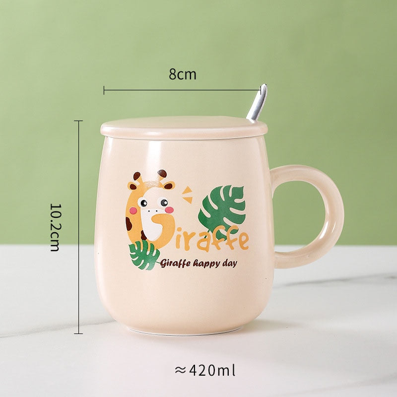 Ceramic Cartoon Mug with Lid and Spoon - 440ml Capacity for Coffee, Milk, or Tea - Ideal Breakfast Cup and Drinkware