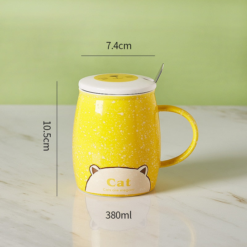 Ceramic Cartoon Mug with Lid and Spoon - 440ml Capacity for Coffee, Milk, or Tea - Ideal Breakfast Cup and Drinkware