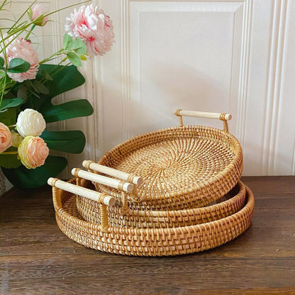 Round Rattan Wicker Fruit Tray with Wooden Handle - Versatile Food and Bread Serving Basket for Home Storage