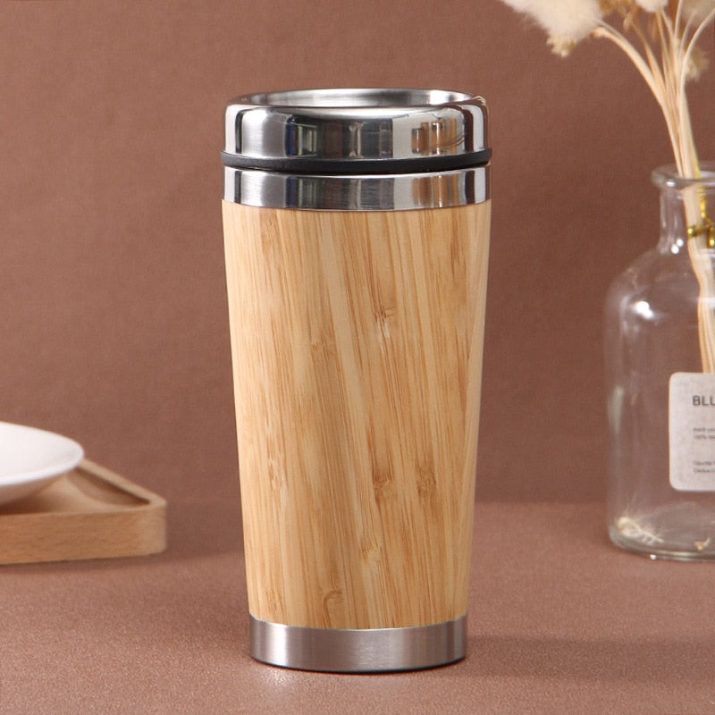 Portable Vacuum Flask Coffee Cup - New Bamboo Thermos Stainless Steel Water Bottle Tumbler, 350/450ml Capacity