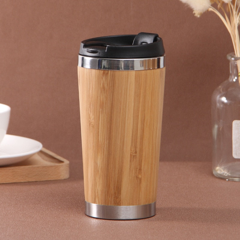 Portable Vacuum Flask Coffee Cup - New Bamboo Thermos Stainless Steel Water Bottle Tumbler, 350/450ml Capacity