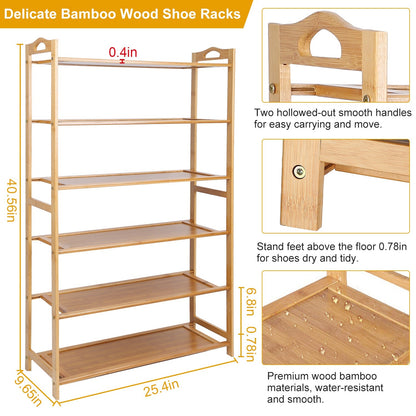 6 Tier Bamboo Shoe Rack Organizer Shoe Self Storage Entryway Standing Shelf Shoe Tower